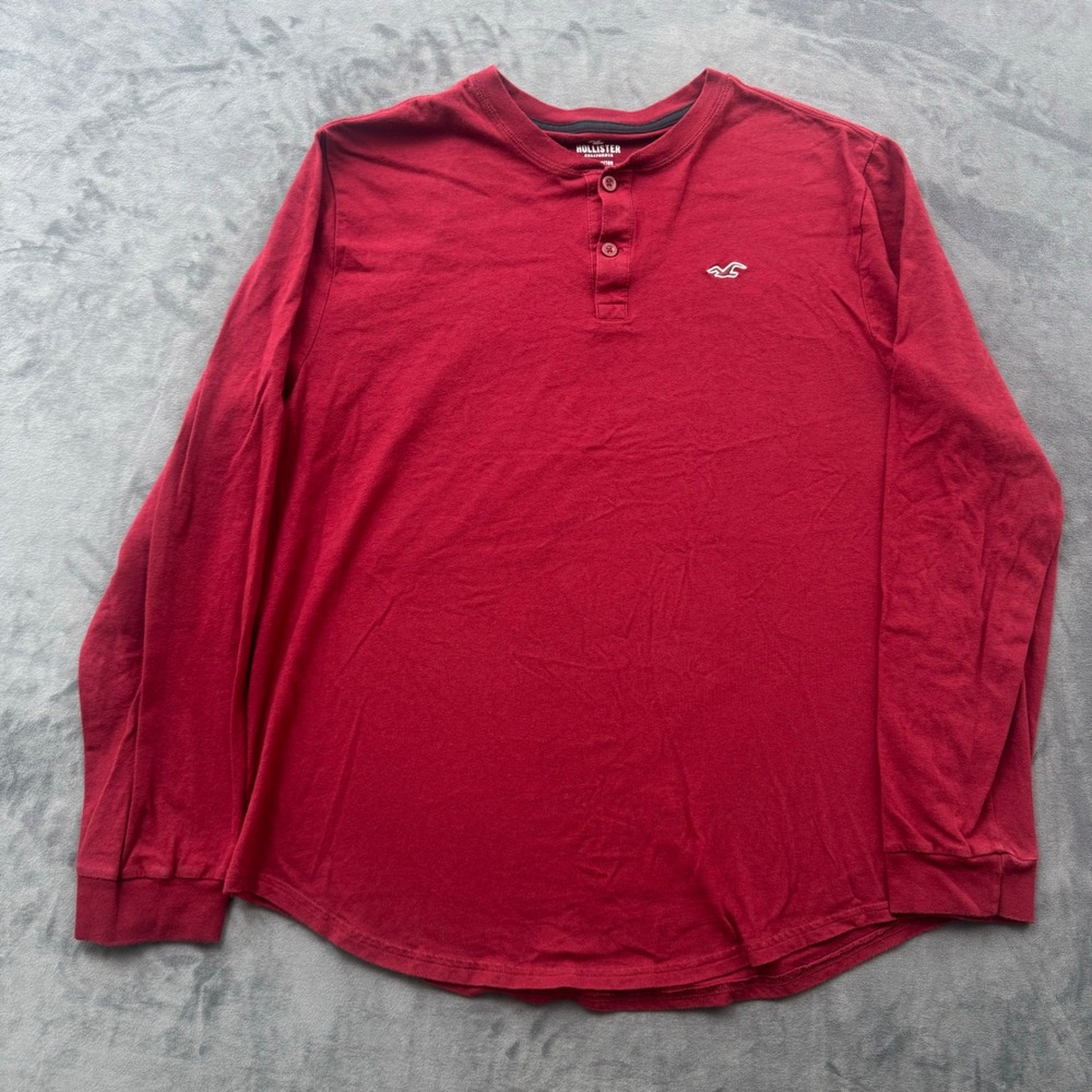 Hollister Mens XL Burgundy Red Long Sleeve Henley Cotton Shirt Logo Crew Neck